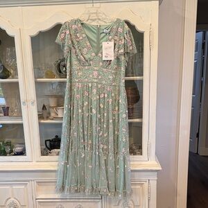 Mac Duggal Mint Green Floral Midi Dress
